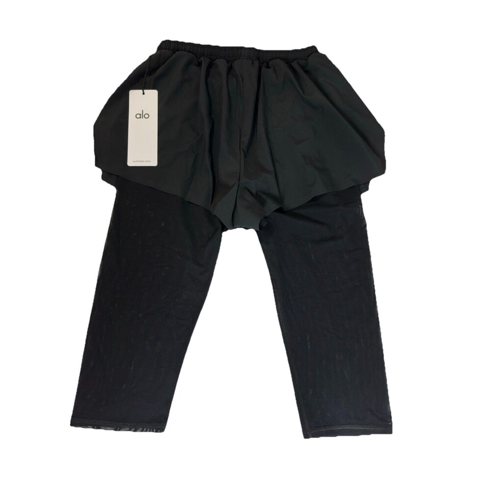 Alo Yoga Mesh Front Runner 2 in 1 Capri Leggings Shorts Black S NWT - Picture 6 of 11